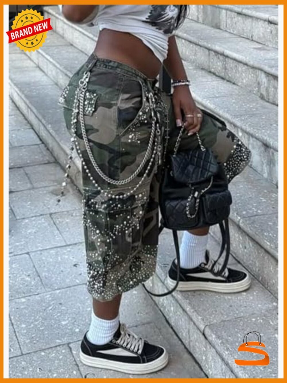 High Waist Cargo Capri Shorts with Rhinestones Wide Leg Streetwear Casual - Picture 4 of 5